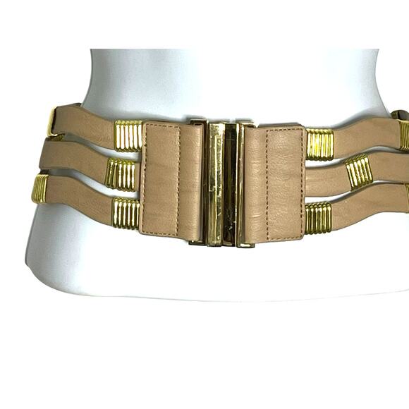 Vintage Bebe Belt Size S/P Wide Stretch Faux Leather Gold Tone Hardware Y2K - Picture 2 of 9
